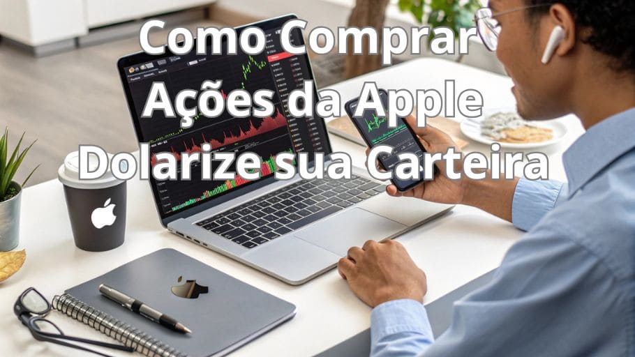 Investidor analisando gráficos de ações da Apple (AAPL) em um laptop, com um aplicativo de corretora exibindo a opção de compra. A cena representa o processo de como comprar ações Apple, destacando a importância de escolher uma corretora confiável, acompanhar os preços e investir de forma estratégica no mercado americano.