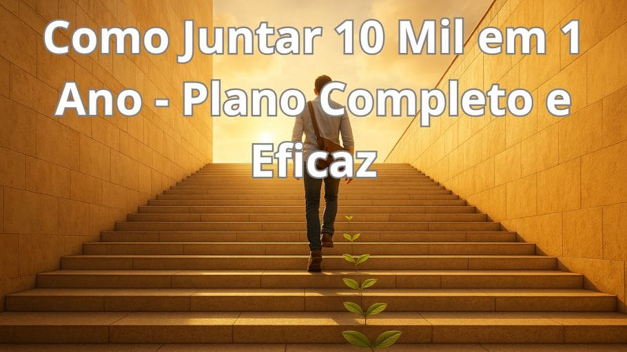 Imagem ultra-realista de uma pessoa subindo uma escadaria em direção à luz no horizonte, simbolizando a jornada rumo à liberdade financeira e ao objetivo de como juntar 10 mil em 1 ano, passo a passo com disciplina e foco.