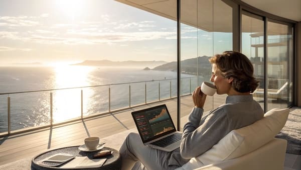 Pessoa relaxando em uma varanda de luxo com vista para o oceano, tomando café e analisando investimentos no laptop. A imagem representa a liberdade financeira, destacando como planejamento e renda passiva podem proporcionar um estilo de vida independente e sem preocupações com dinheiro.
