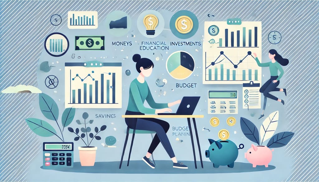 **Texto alternativo (Alt Text):** Ilustração moderna representando **educação financeira para iniciantes**, com uma pessoa jovem analisando gráficos financeiros em um laptop. Ícones flutuantes de dinheiro, investimentos, poupança e crescimento financeiro simbolizam planejamento e organização das finanças pessoais. Cores em tons de azul e verde transmitem confiança e estabilidade.