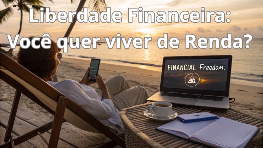 Pessoa relaxando em uma praia ao pôr do sol, com um laptop e um aplicativo de investimentos aberto, simbolizando a liberdade financeira. A cena transmite a ideia de independência e tranquilidade, destacando como uma boa gestão financeira e investimentos estratégicos podem proporcionar um estilo de vida sem preocupações com dinheiro.