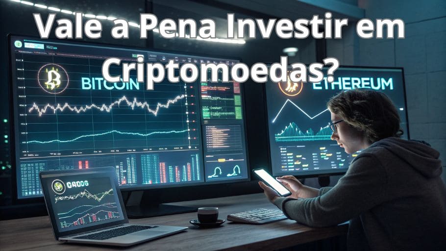 Pessoa analisando gráficos de criptomoedas em um monitor moderno, com Bitcoin e Ethereum em destaque. A cena representa a reflexão sobre Vale a Pena Investir em Criptomoedas, destacando a importância de estudar o mercado, acompanhar tendências e tomar decisões estratégicas antes de investir.