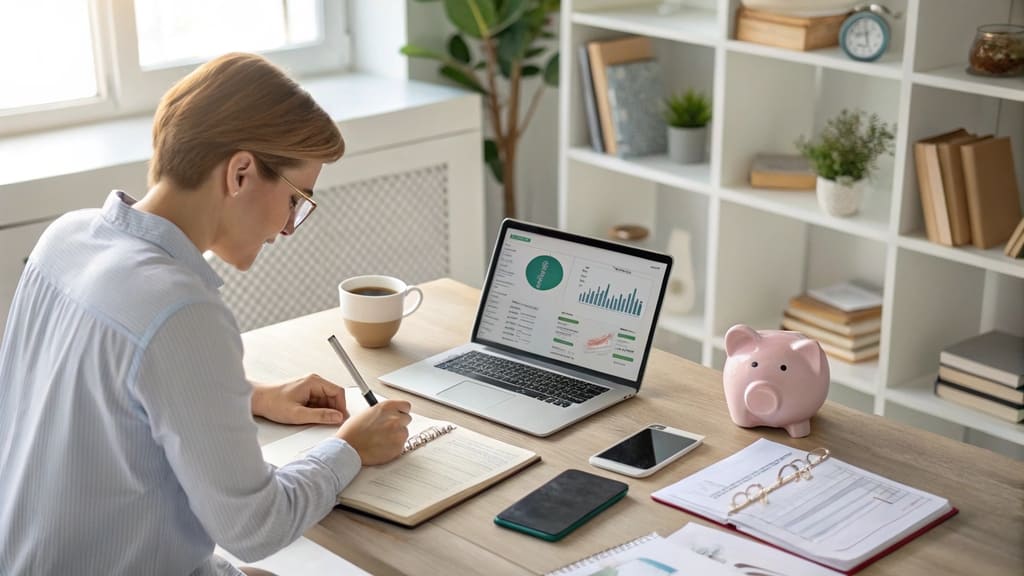 Pessoa organizando suas finanças em um ambiente moderno e bem iluminado. Na tela do laptop, um orçamento detalhado é analisado, enquanto anotações são feitas em um caderno. Um smartphone exibe um aplicativo de controle financeiro, e ao lado, uma xícara de café reforça o clima de produtividade. A cena representa a importância do planejamento financeiro pessoal, destacando como a organização e o controle das finanças são essenciais para um futuro mais seguro.