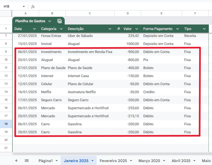 Como Fazer Planilha de Gastos - Adicione todos os gastos fixos