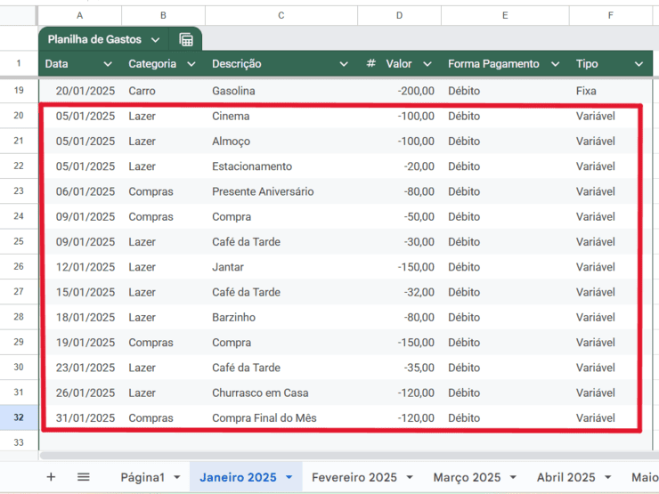 Como Fazer Planilha de Gastos - Adicione todos os gastos variáveis