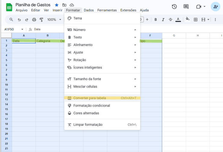Como Fazer Planilha de Gastos - Crie colunas básicas